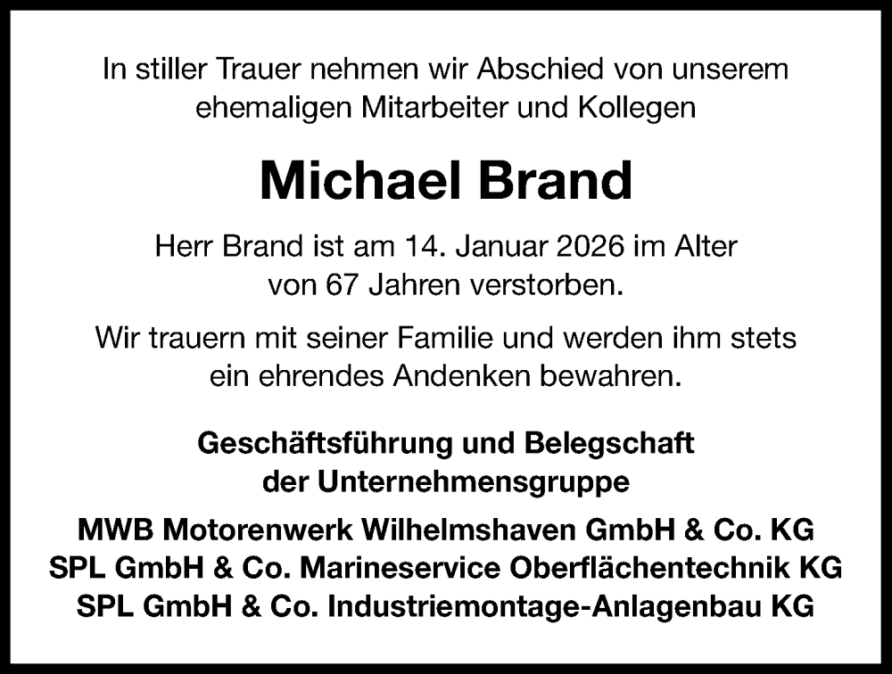  Traueranzeige für Michael Brand vom 31.01.2026 aus WZ/JW/AH