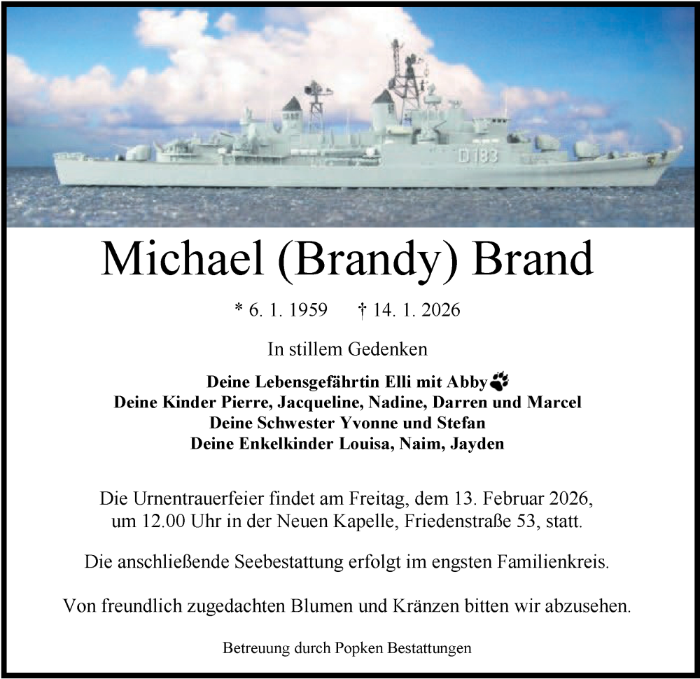  Traueranzeige für Michael Brand vom 31.01.2026 aus WZ/JW/AH