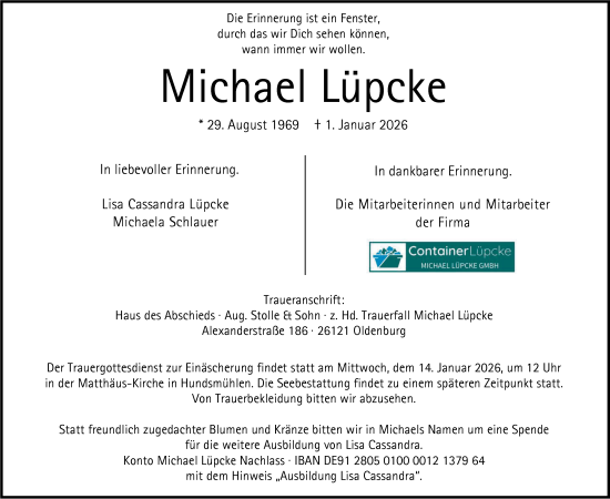 Traueranzeige von Michael Lüpcke von Nordwest-Zeitung