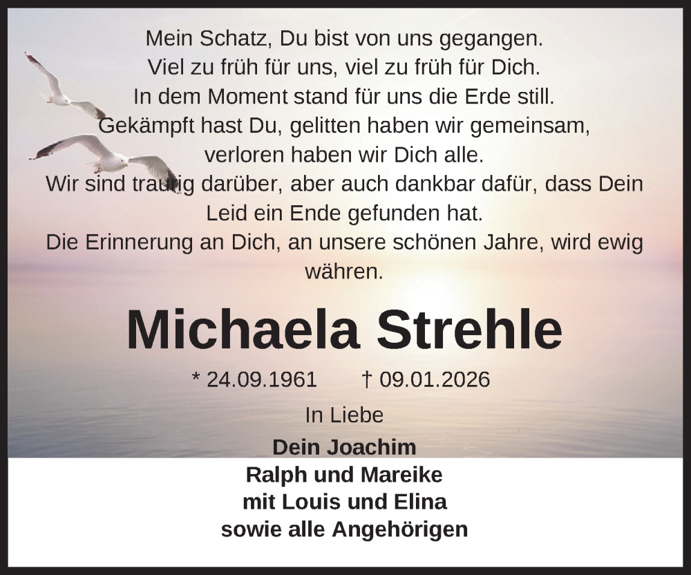 Traueranzeige für Michaela Strehle vom 17.01.2026 aus Nordwest-Zeitung
