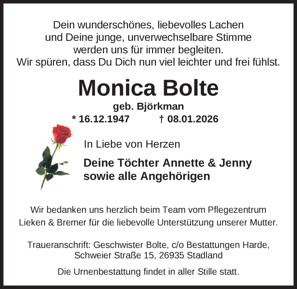  Traueranzeige für Monica Bolte vom 13.01.2026 aus Nordwest-Zeitung