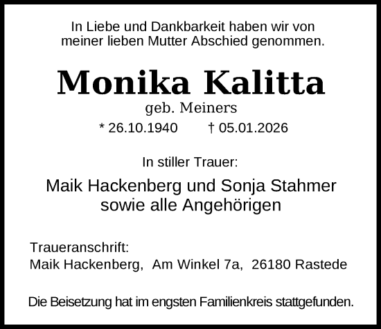Traueranzeige von Monika Kalitta von Nordwest-Zeitung