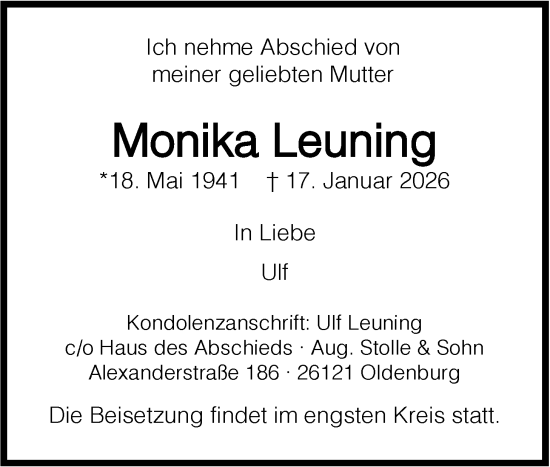 Traueranzeige von Monika Leuning von Nordwest-Zeitung