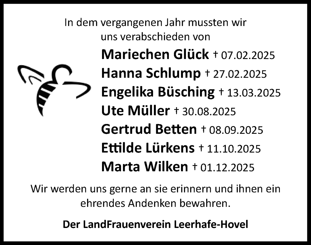  Traueranzeige für Nachruf Der LandFrauenverein Leerhafe-Hovel vom 28.01.2026 aus WZ/JW/AH