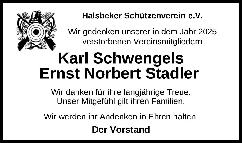  Traueranzeige für Nachruf Halsbeker Schützenverein e.V. vom 31.01.2026 aus Nordwest-Zeitung