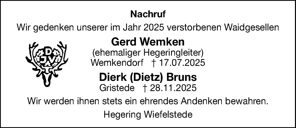  Traueranzeige für Nachruf Hegering Wiefelstede vom 28.01.2026 aus Nordwest-Zeitung