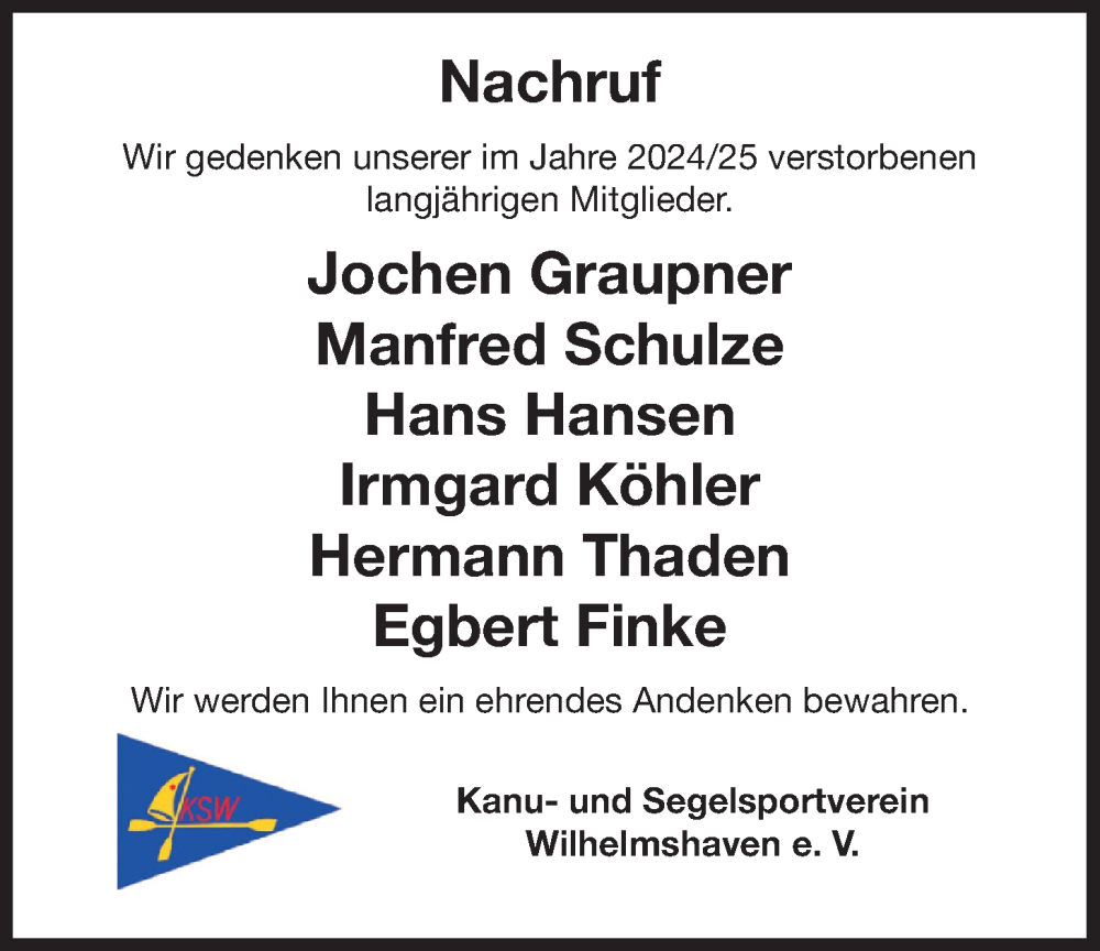  Traueranzeige für Nachruf Kanu- und Segelsportverein Wilhelmshaven e. V. vom 31.01.2026 aus WZ/JW/AH
