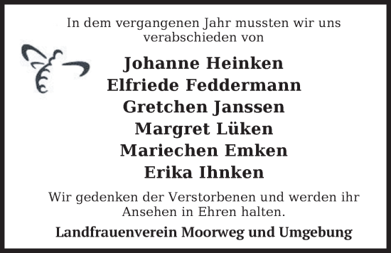 Traueranzeige von Nachruf Landfrauenverein Moorweg und Umgebung von WZ/JW/AH