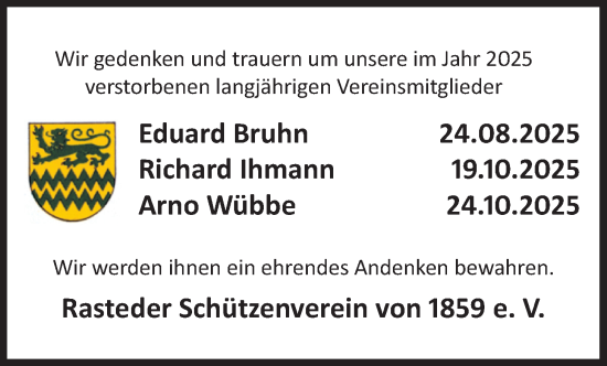 Traueranzeige von Nachruf Rasteder Schützenverein von 1859 e. V. von Nordwest-Zeitung