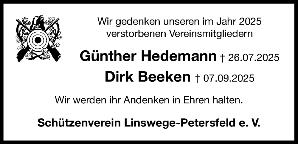 Traueranzeige für Nachruf Schützenverein Linswege-Petersfeld e. V. vom 31.01.2026 aus Nordwest-Zeitung