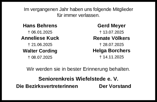 Traueranzeige von Nachruf Seniorenkreis Wiefelstede e. V. von Nordwest-Zeitung