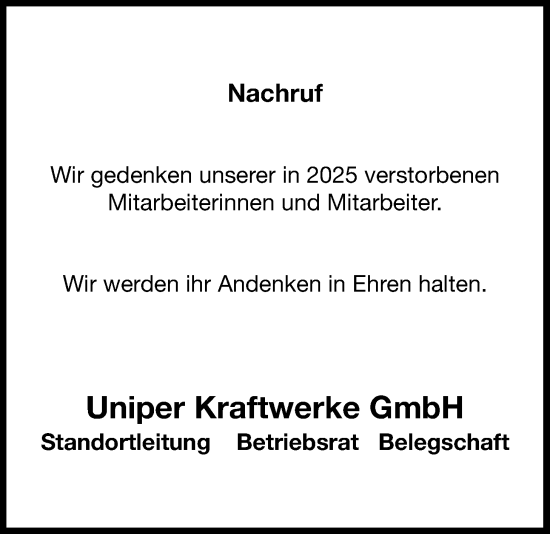 Traueranzeige von Nachruf Uniper Kraftwerke GmbH von WZ/JW/AH