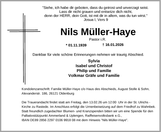 Traueranzeige von Nils Müller-Haye von Nordwest-Zeitung