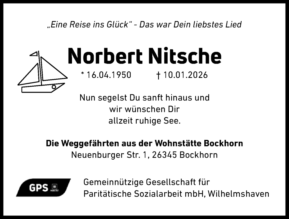  Traueranzeige für Norbert Nitsche vom 17.01.2026 aus Nordwest-Zeitung
