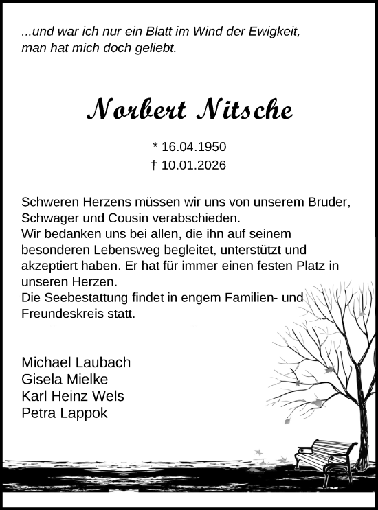 Traueranzeige von Norbert Nitsche von Nordwest-Zeitung