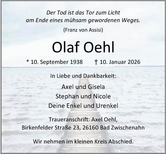 Traueranzeige von Olaf Oehl von Nordwest-Zeitung