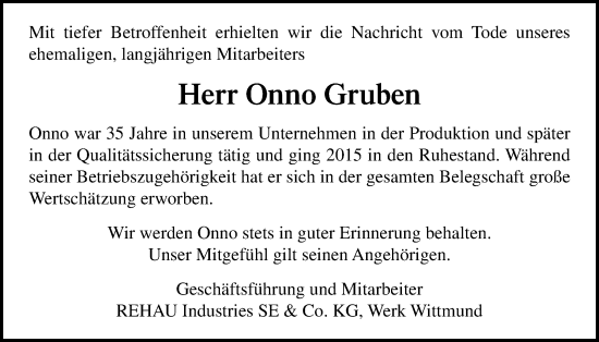 Traueranzeige von Onno Gruben von WZ/JW/AH