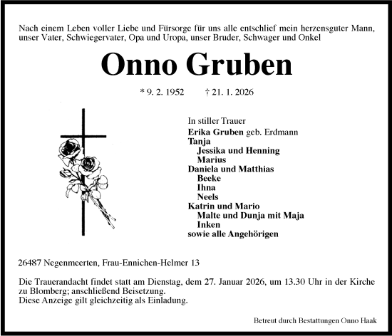Traueranzeige von Onno Gruben von WZ/JW/AH