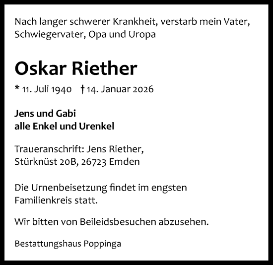 Traueranzeige von Oskar Riether von Emder Zeitung