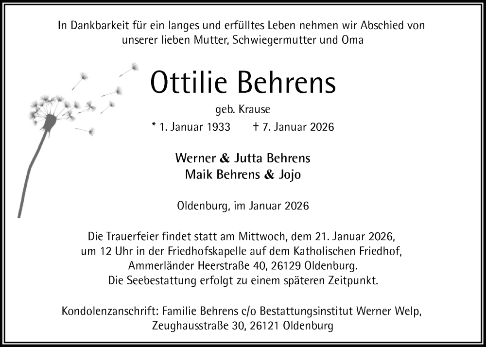 Traueranzeige für Ottilie Behrens vom 17.01.2026 aus Nordwest-Zeitung