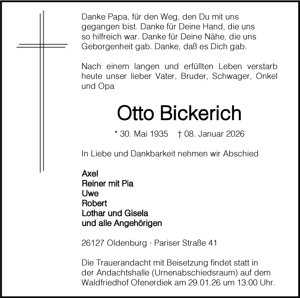  Traueranzeige für Otto Bickerich vom 17.01.2026 aus Nordwest-Zeitung