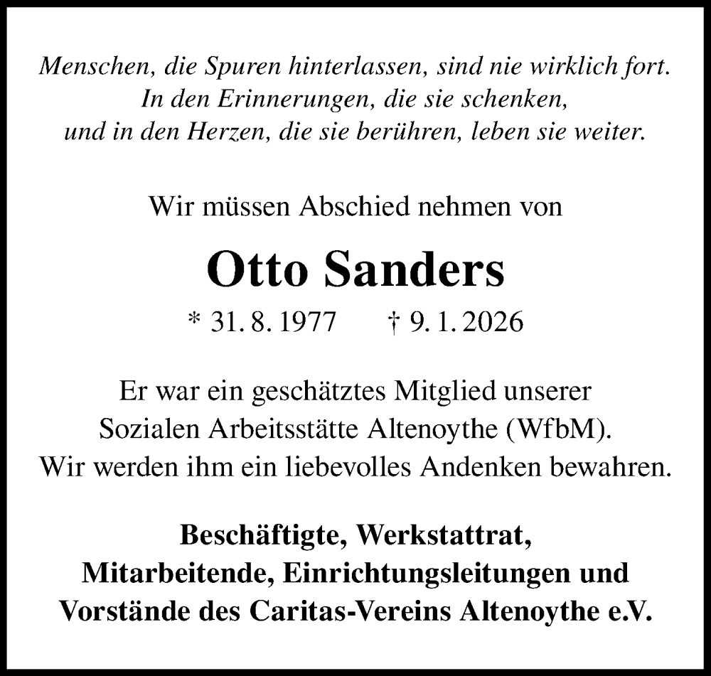  Traueranzeige für Otto Sanders vom 17.01.2026 aus Nordwest-Zeitung