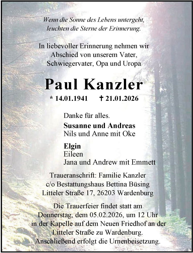  Traueranzeige für Paul Kanzler vom 31.01.2026 aus Nordwest-Zeitung