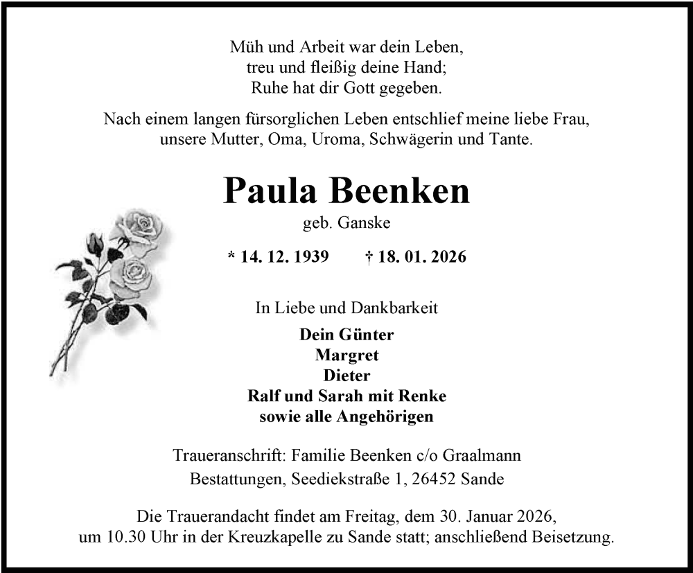  Traueranzeige für Paula Beenken vom 24.01.2026 aus WZ/JW/AH