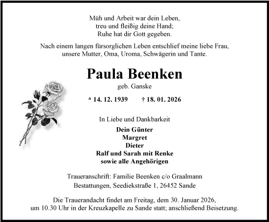 Traueranzeige von Paula Beenken von WZ/JW/AH