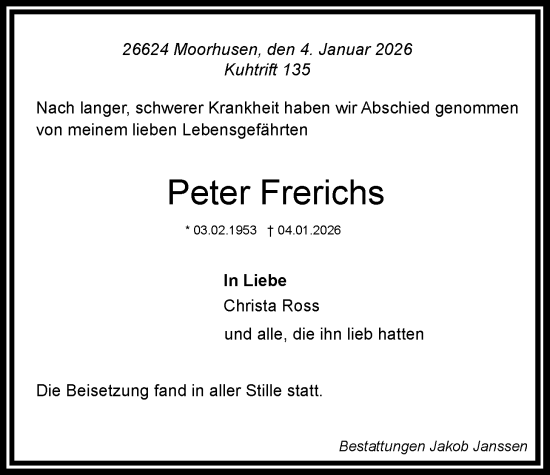Traueranzeige von Peter Frerichs von Emder Zeitung