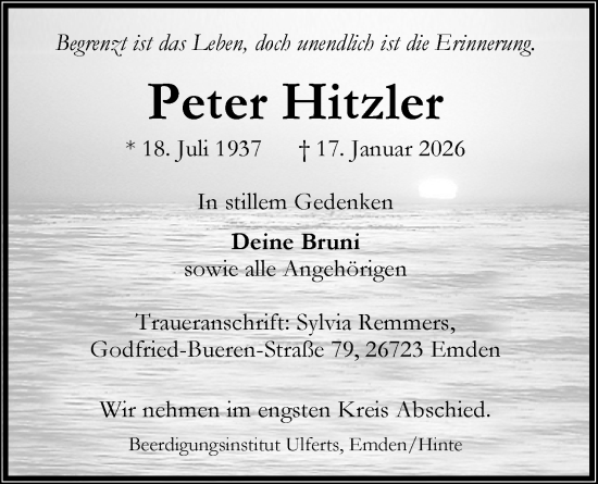 Traueranzeige von Peter Hitzler von Emder Zeitung