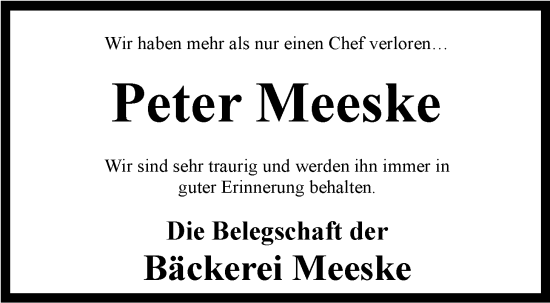 Traueranzeige von Peter Meeske von WZ/JW/AH