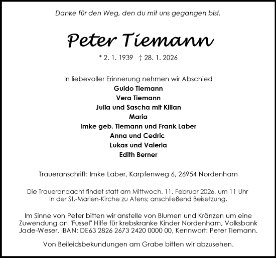 Traueranzeige von Peter Tiemann von Nordwest-Zeitung