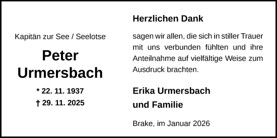 Traueranzeige von Peter Urmersbach von Nordwest-Zeitung