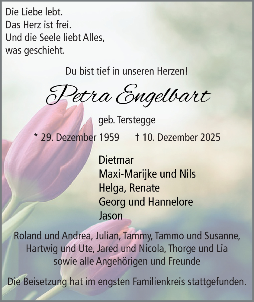  Traueranzeige für Petra Engelbart vom 03.01.2026 aus Nordwest-Zeitung