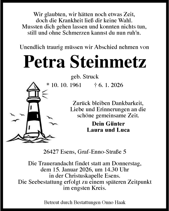 Traueranzeige von Petra Steinmetz von WZ/JW/AH