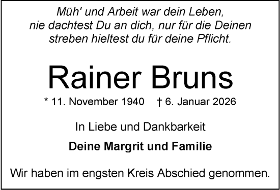 Traueranzeige von Rainer Bruns von Nordwest-Zeitung