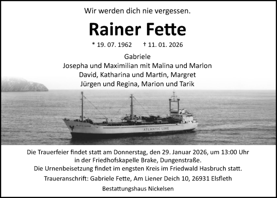 Traueranzeige von Rainer Fette von Nordwest-Zeitung