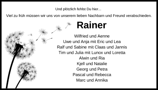 Traueranzeige von Rainer Nünnemann von Nordwest-Zeitung