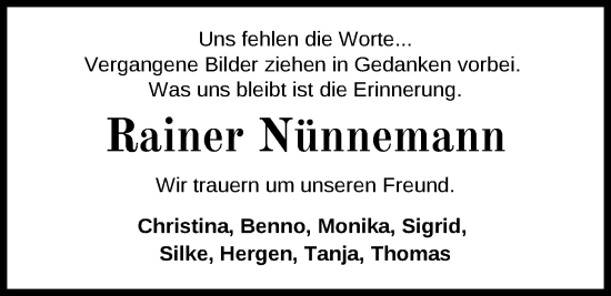 Traueranzeige von Rainer Nünnemann von Nordwest-Zeitung