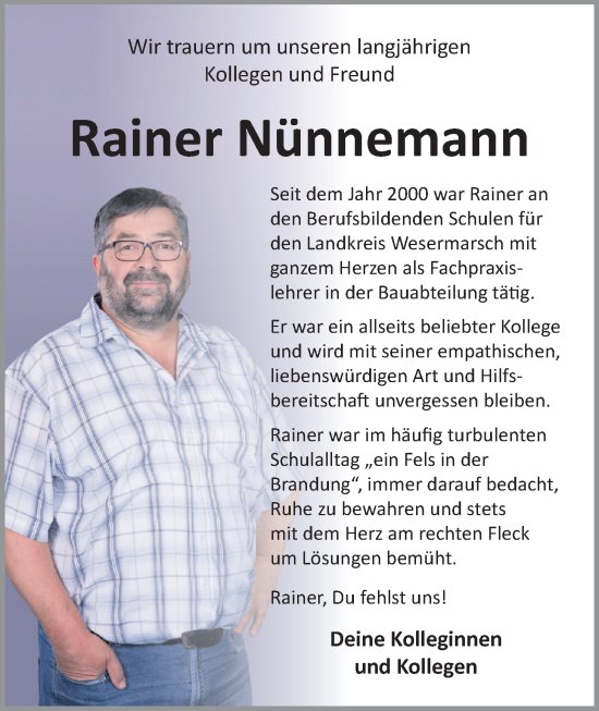 Traueranzeige von Rainer Nünnemann von Nordwest-Zeitung