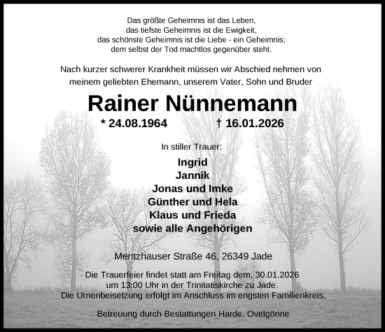 Traueranzeige von Rainer Nünnemann von Nordwest-Zeitung