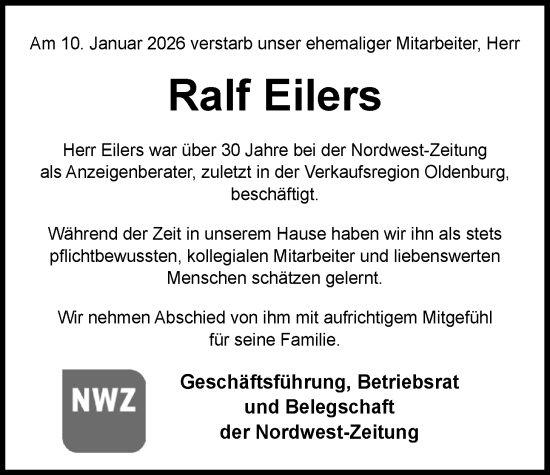 Traueranzeige von Ralf Eilers von Nordwest-Zeitung