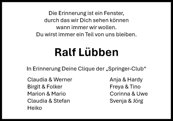 Traueranzeige von Ralf Lübben von Nordwest-Zeitung