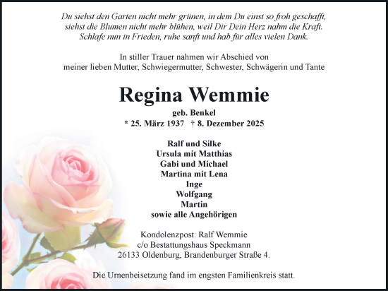 Traueranzeige von Regina Wemmie von Nordwest-Zeitung