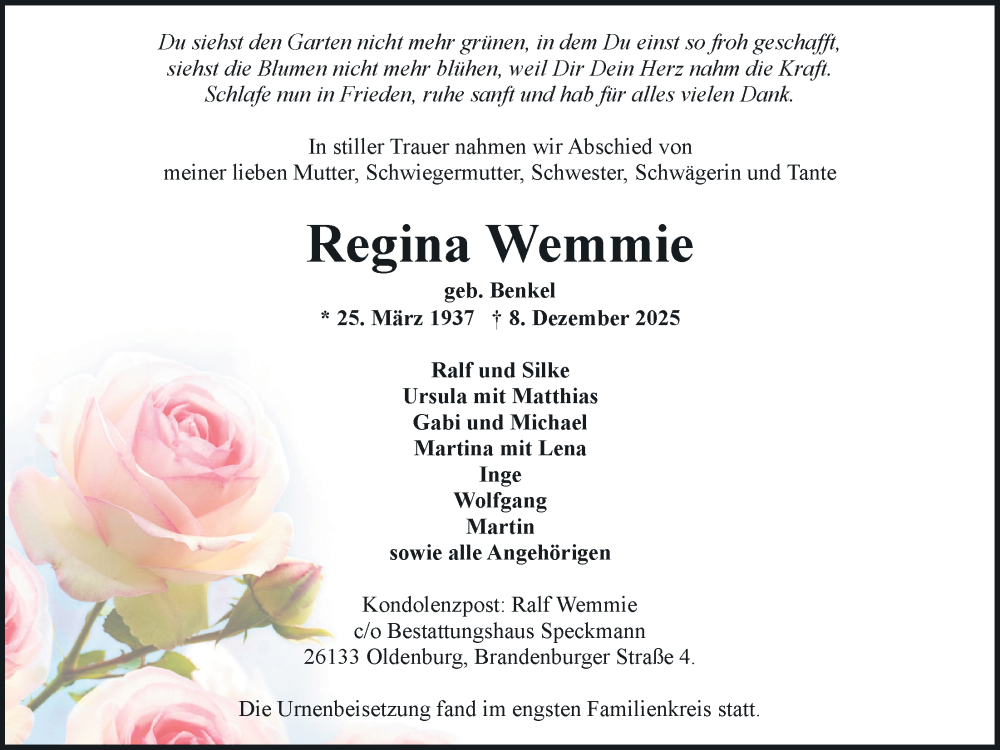  Traueranzeige für Regina Wemmie vom 31.01.2026 aus Nordwest-Zeitung