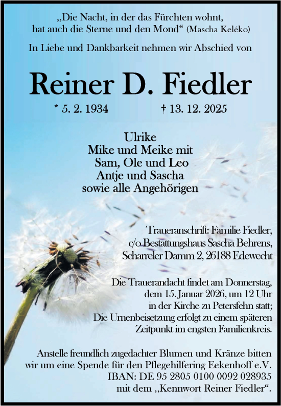 Traueranzeige von Reiner D. Fiedler von Nordwest-Zeitung