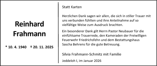 Traueranzeige von Reinhard Frahmann von Nordwest-Zeitung
