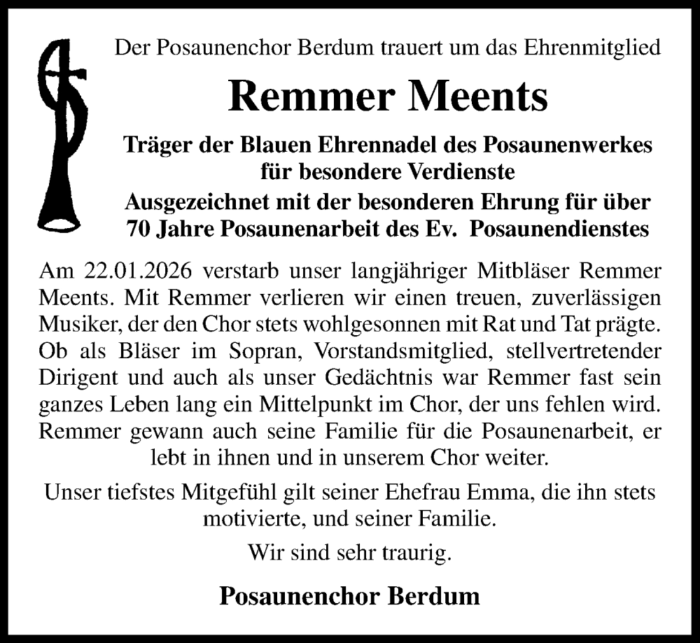  Traueranzeige für Remmer Meents vom 27.01.2026 aus WZ/JW/AH