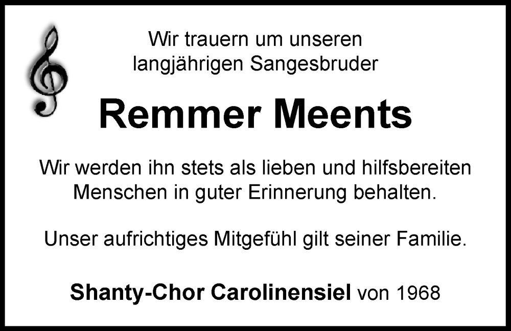  Traueranzeige für Remmer Meents vom 28.01.2026 aus WZ/JW/AH
